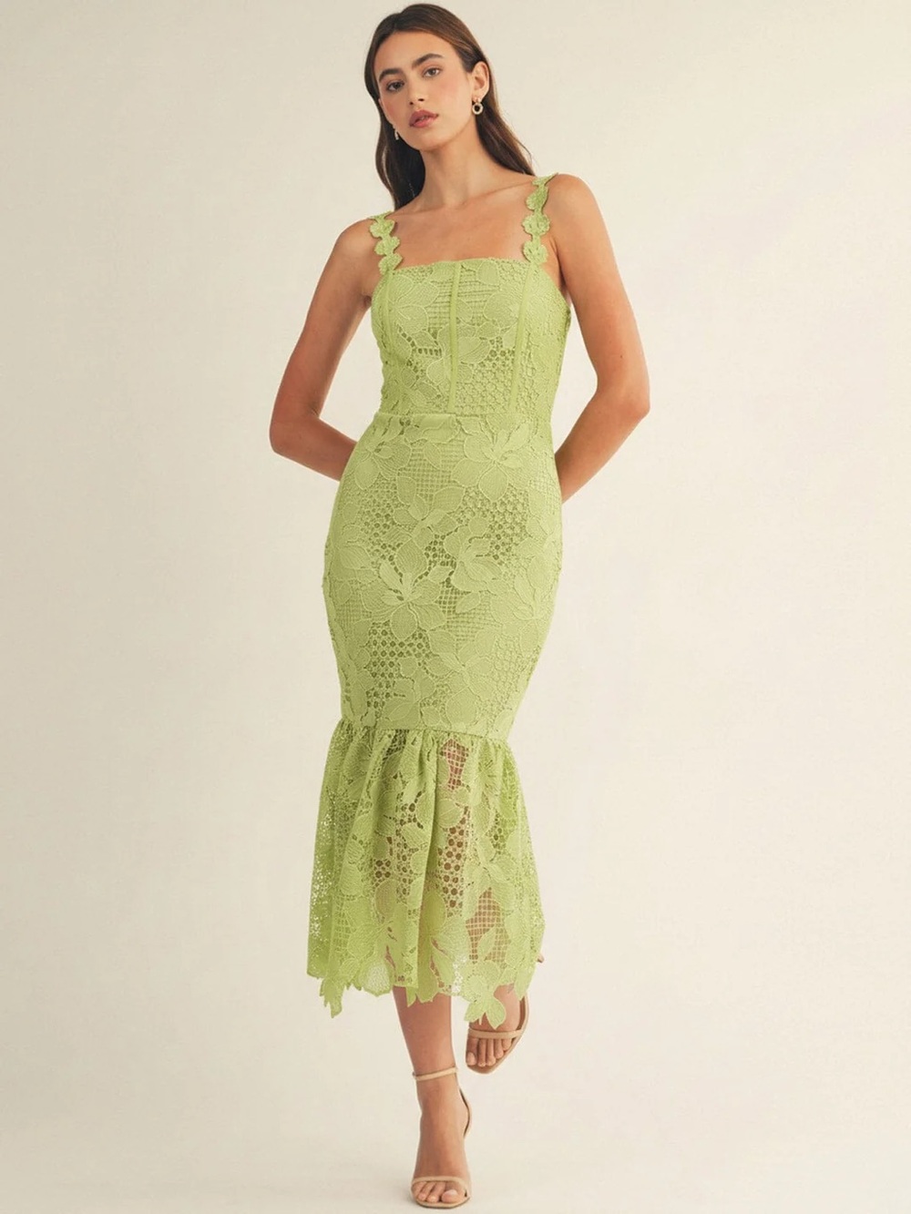 NWT Just Me Lime Green Lace Mermaid Midi Dress | Wedding Guest
